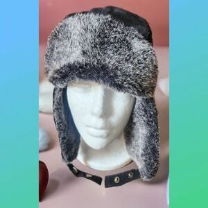 KODIAK MENS BLACK CORDUROY FAUX FUR WINTER TRAPPER HAT